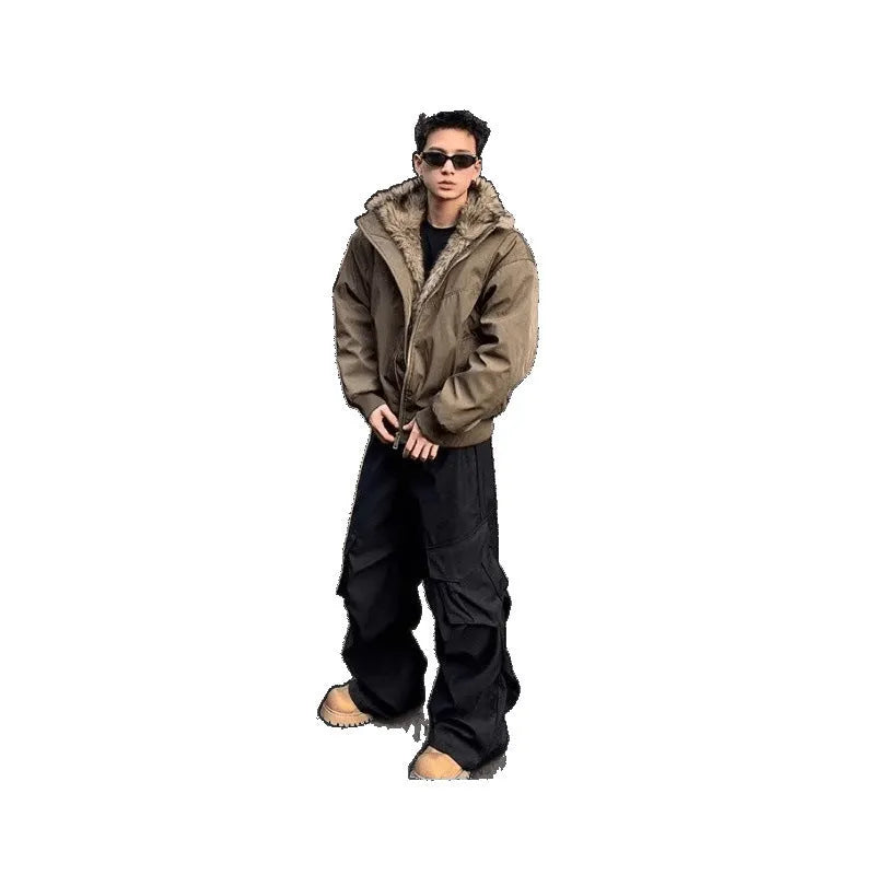 Cotton coat winter thickened flight jacket in black, side seam pockets, cardigan style