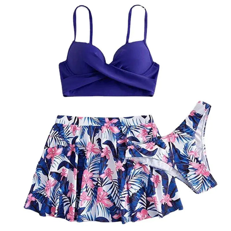Women's three-piece bikini swimsuit with high-waist briefs covering belly area in polyester fabric