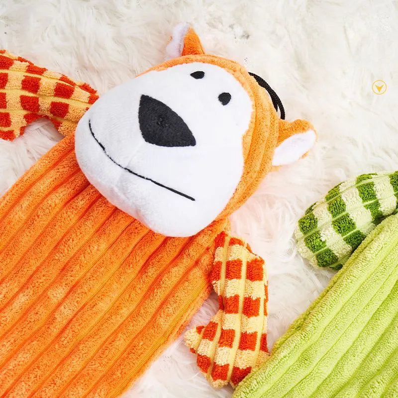 Green and orange immortal squeaker plush dog toy for aggressive chewers with double-layer construction