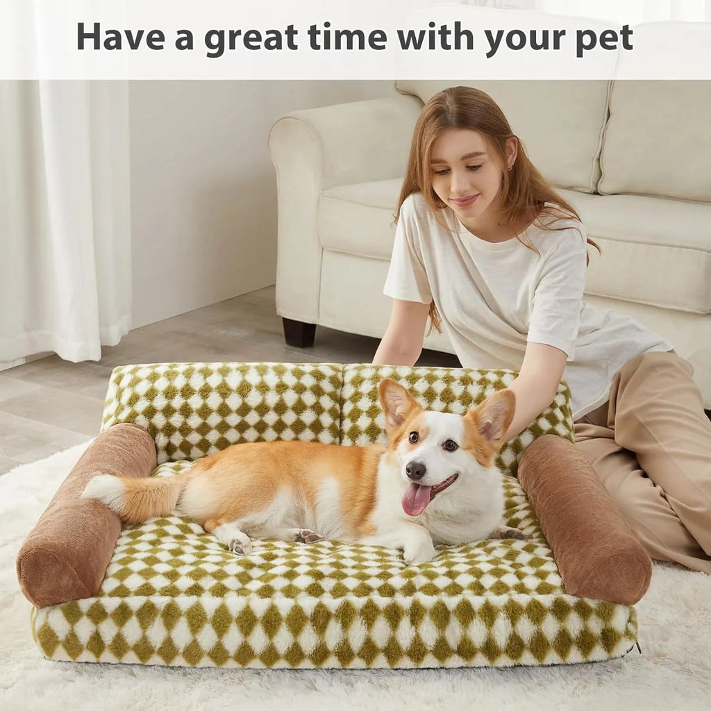 Checkered grey and white pet couch bed for a small dog or cat, showing removable cover and non-slip bottom.