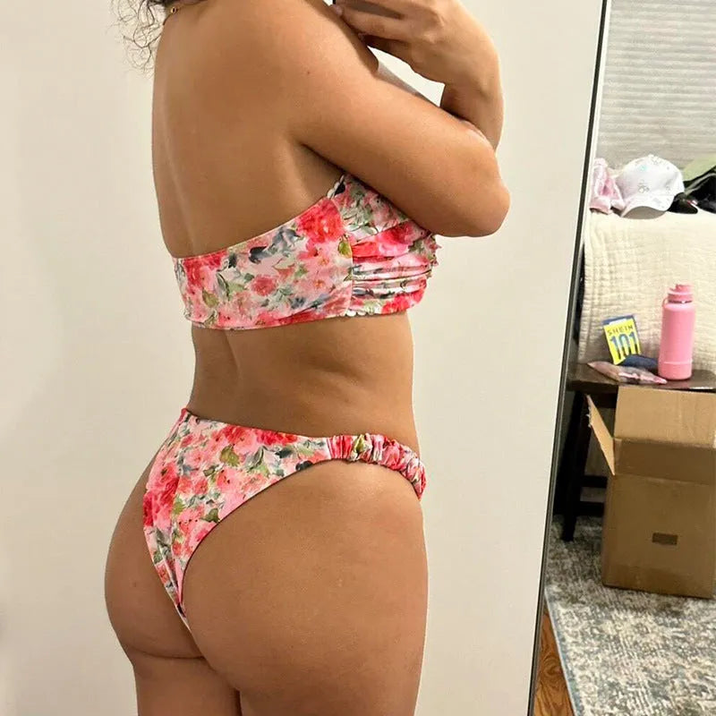Printed tube top bikini with lace trim and floral pattern in European swimwear style