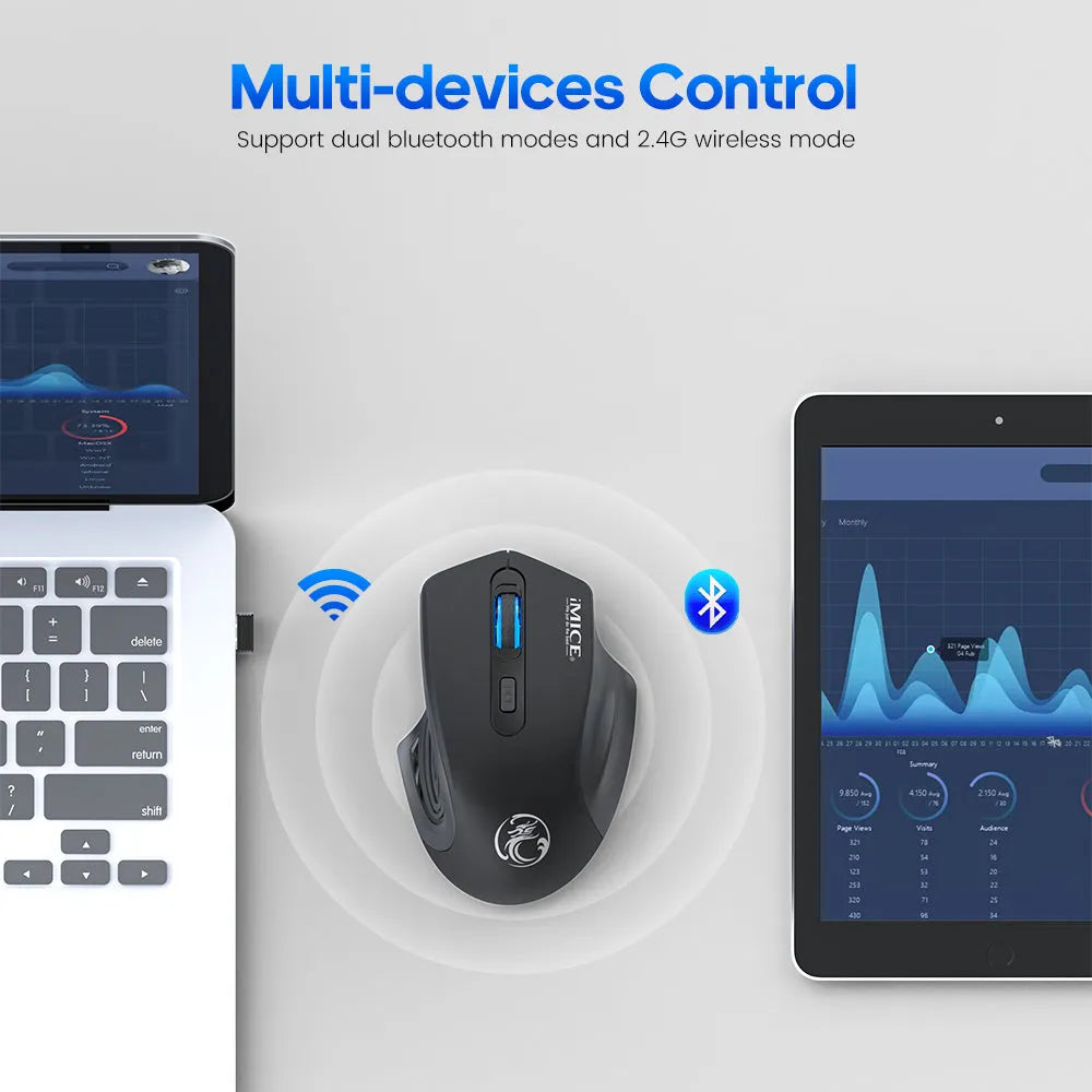 Black silent Bluetooth 2.4G wireless mouse, rechargeable, 115x80x40mm, with charging cable