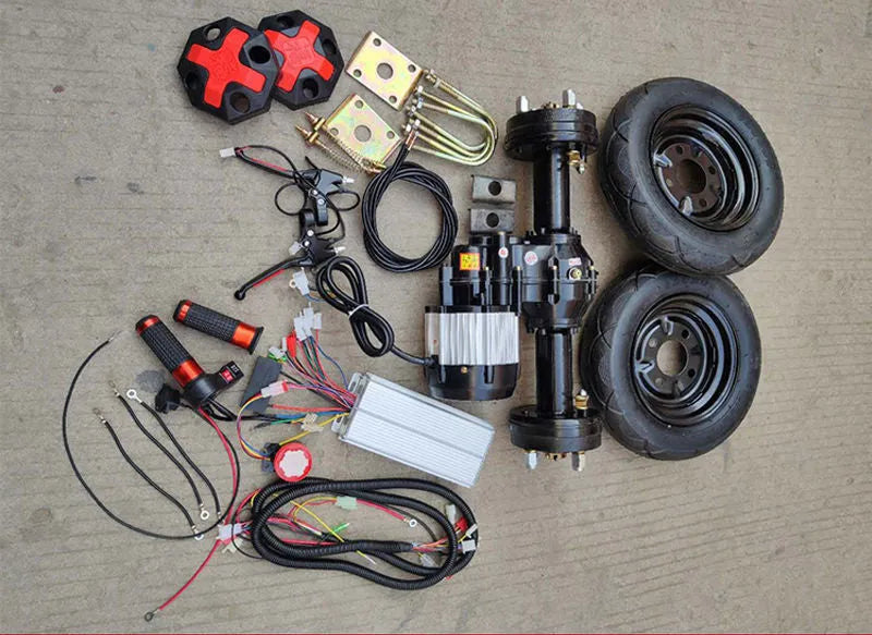 48V low-speed rear axle trolley conversion set with motor, pneumatic tyres, controller, and turn handle for electric trolley modification
