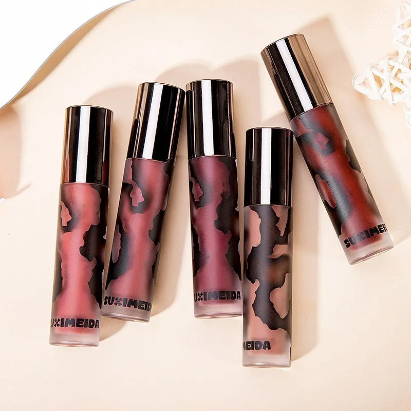 Lava Secret Matte Lip Mud Lipstick in five colour options including orange brown coffee and smoked purple.