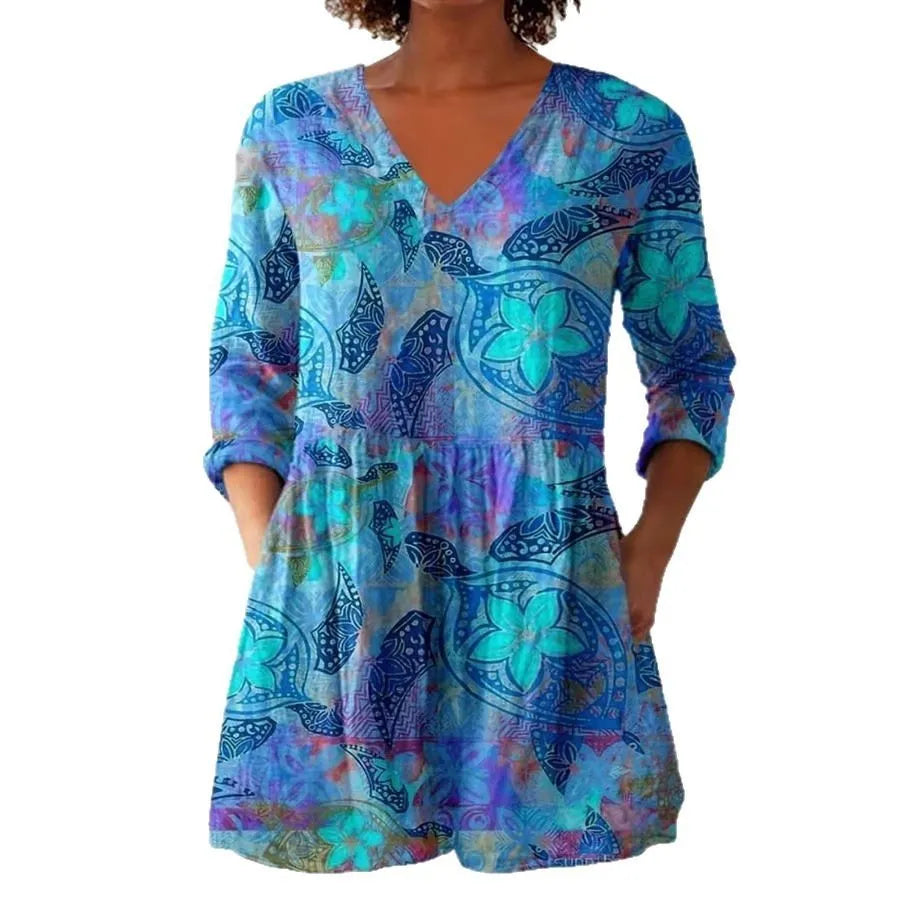 Women's retro-style slim fit long-sleeved top with a printed pattern, shown in a colour option.