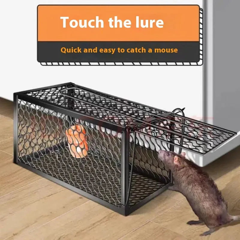 Automatic mouse trap shown in small, medium, and large sizes with metal and plastic colour options.