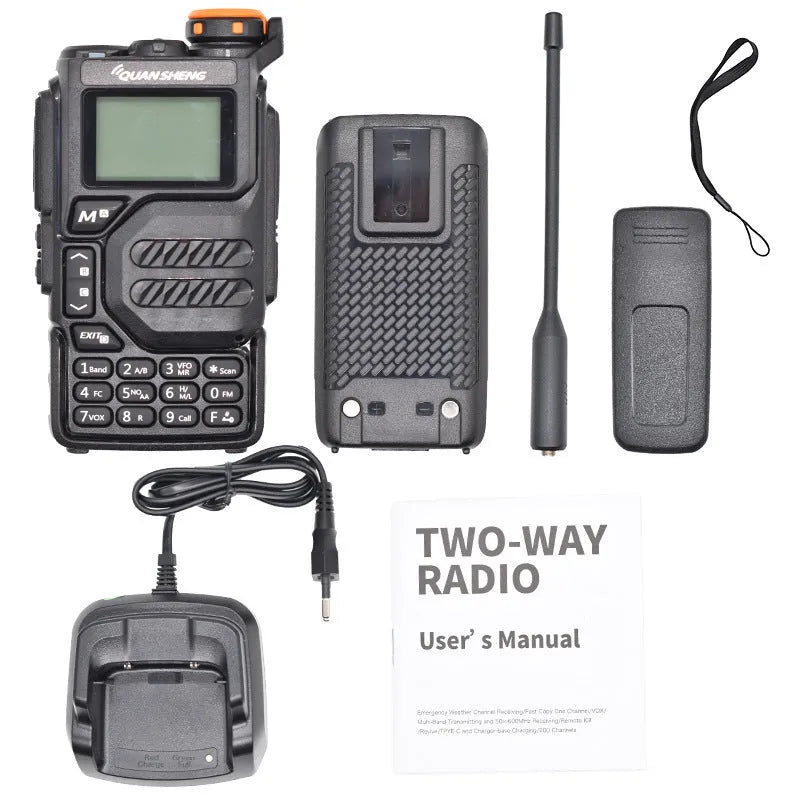 Black multi-band walkie-talkie pair with 5W power, 1600mAh lithium battery, charger, manual, and lanyard.
