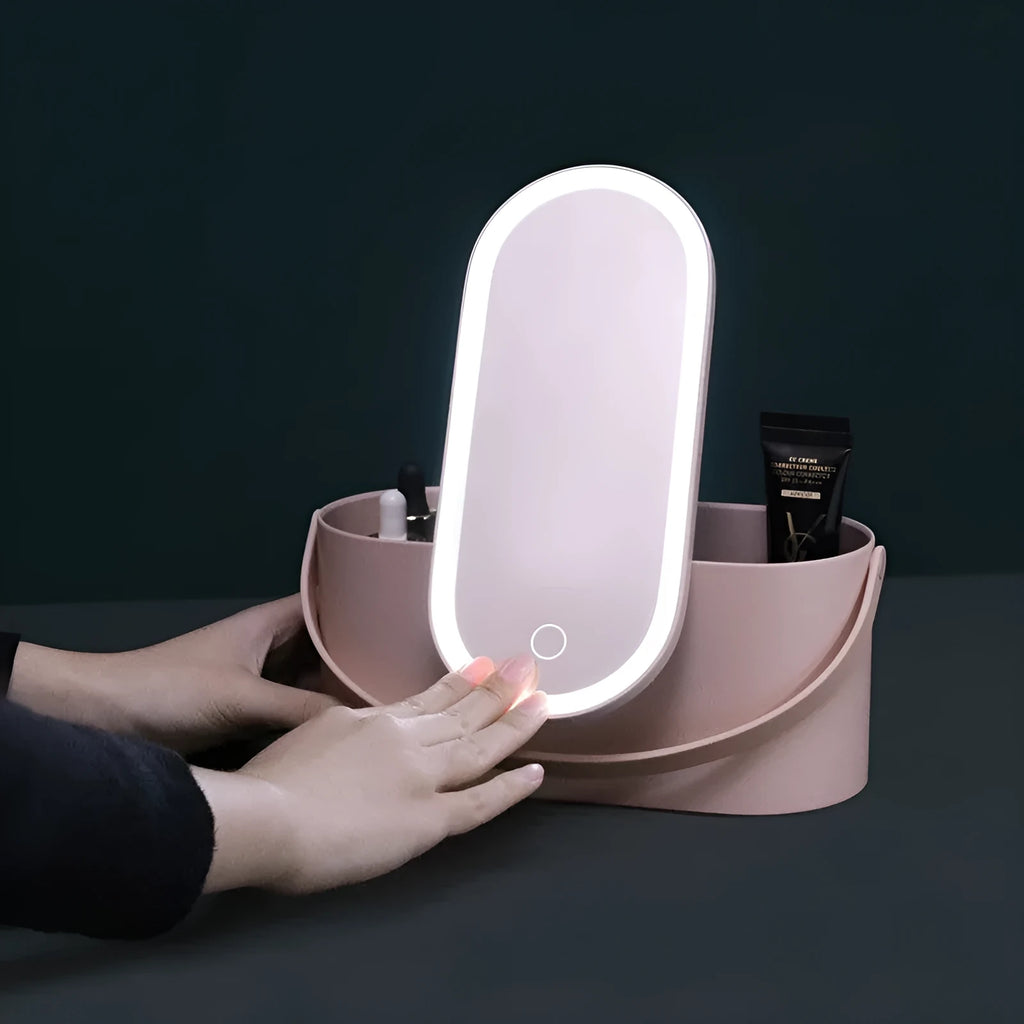 Pink portable plastic storage box with a built-in aluminium makeup mirror