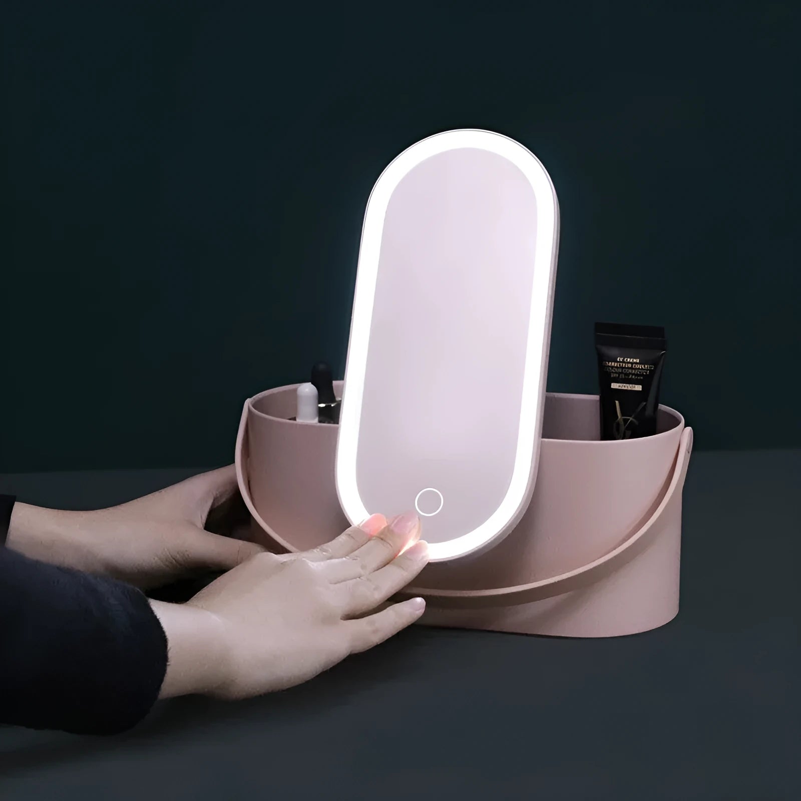 Pink portable plastic storage box with a built-in aluminium makeup mirror