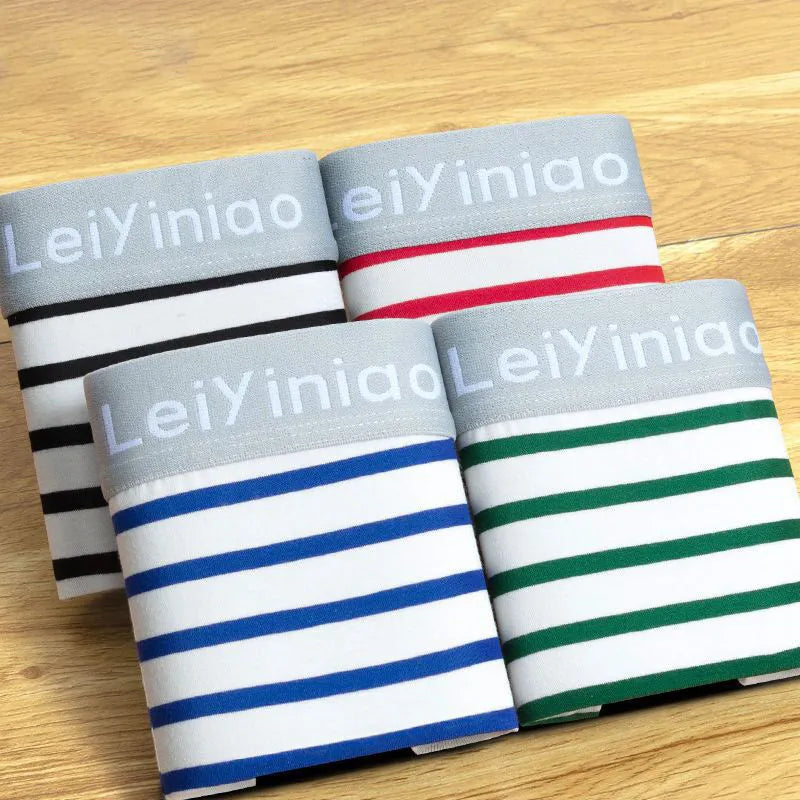 Boxed set of 4 men's cotton striped printed boxer shorts with U convex design, sizes M to 3XL