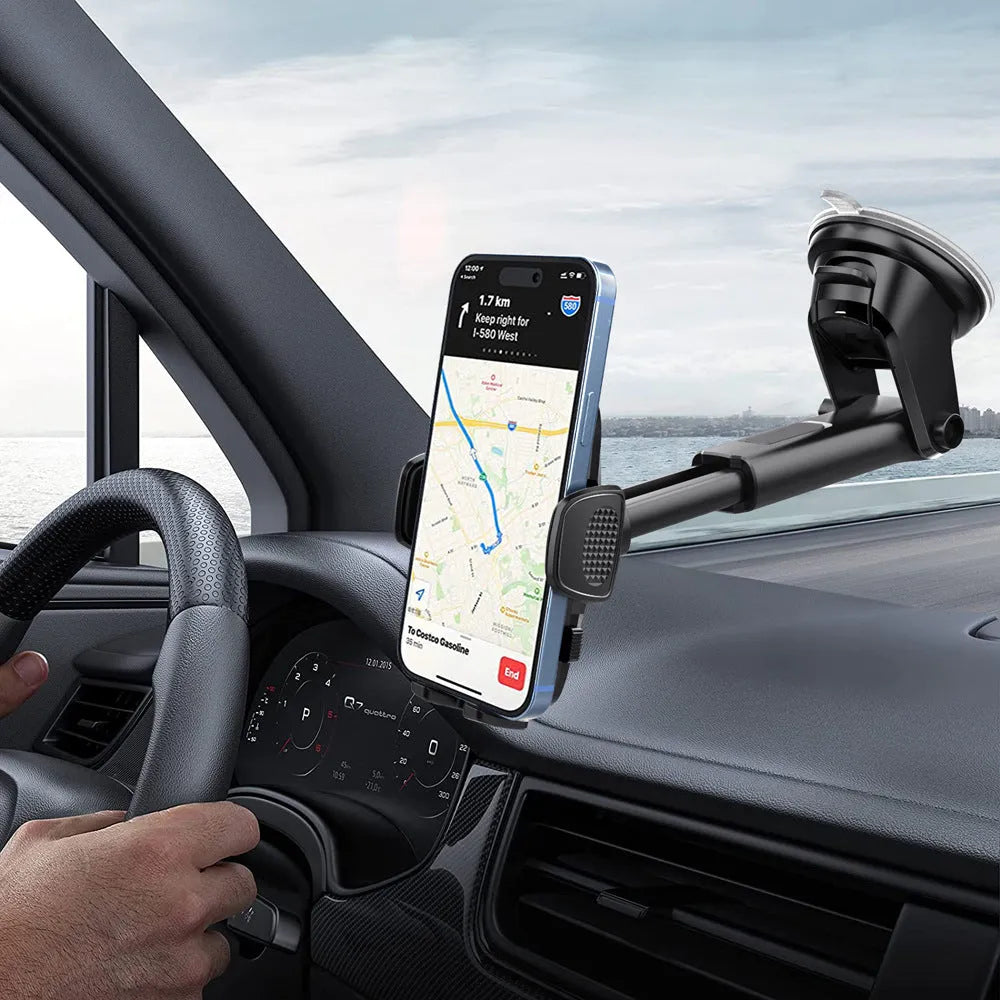 Black plastic universal car phone bracket suction mount for dashboard or windscreen