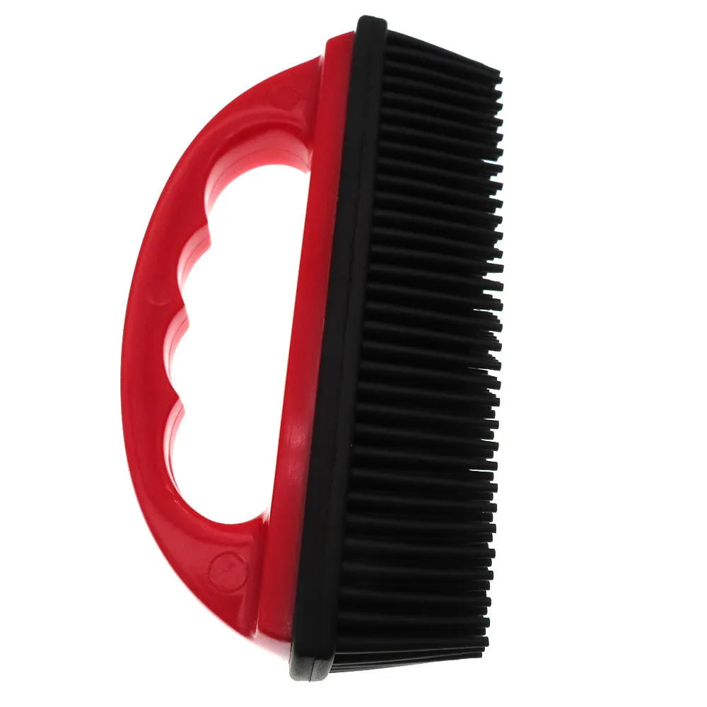 Red pet hair removal brush with non-slip handle for grooming and cleaning, dimensions 160mm by 85mm