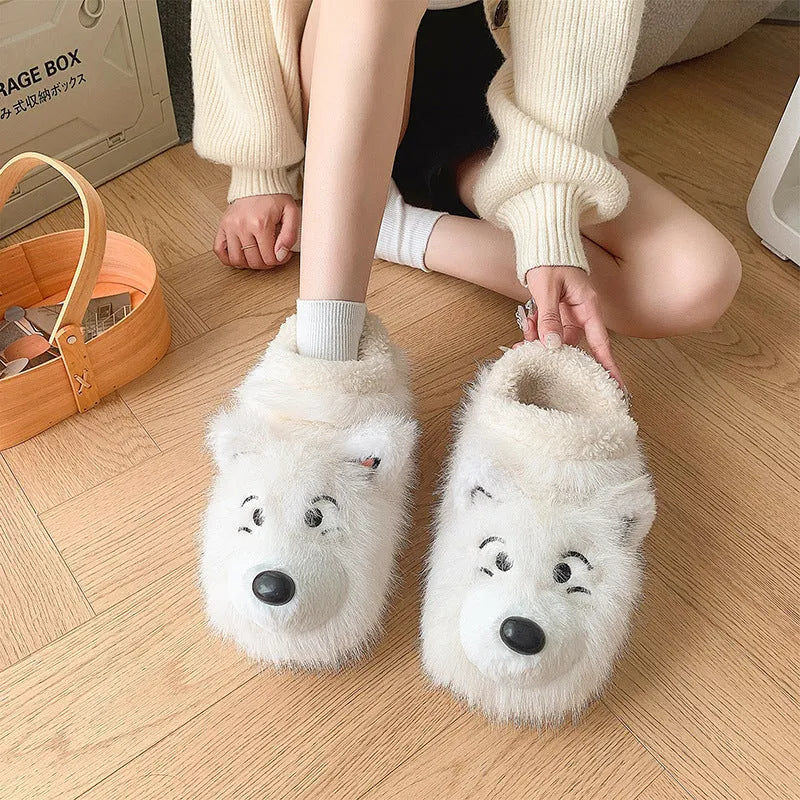 Women's ankle wrap cotton slippers in grey with plush upper and non-slip sole