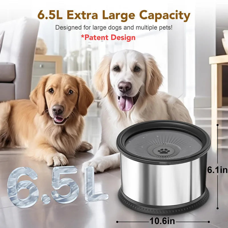 Stainless steel large capacity pet water bowl with non-slip base in black, 2.5L capacity