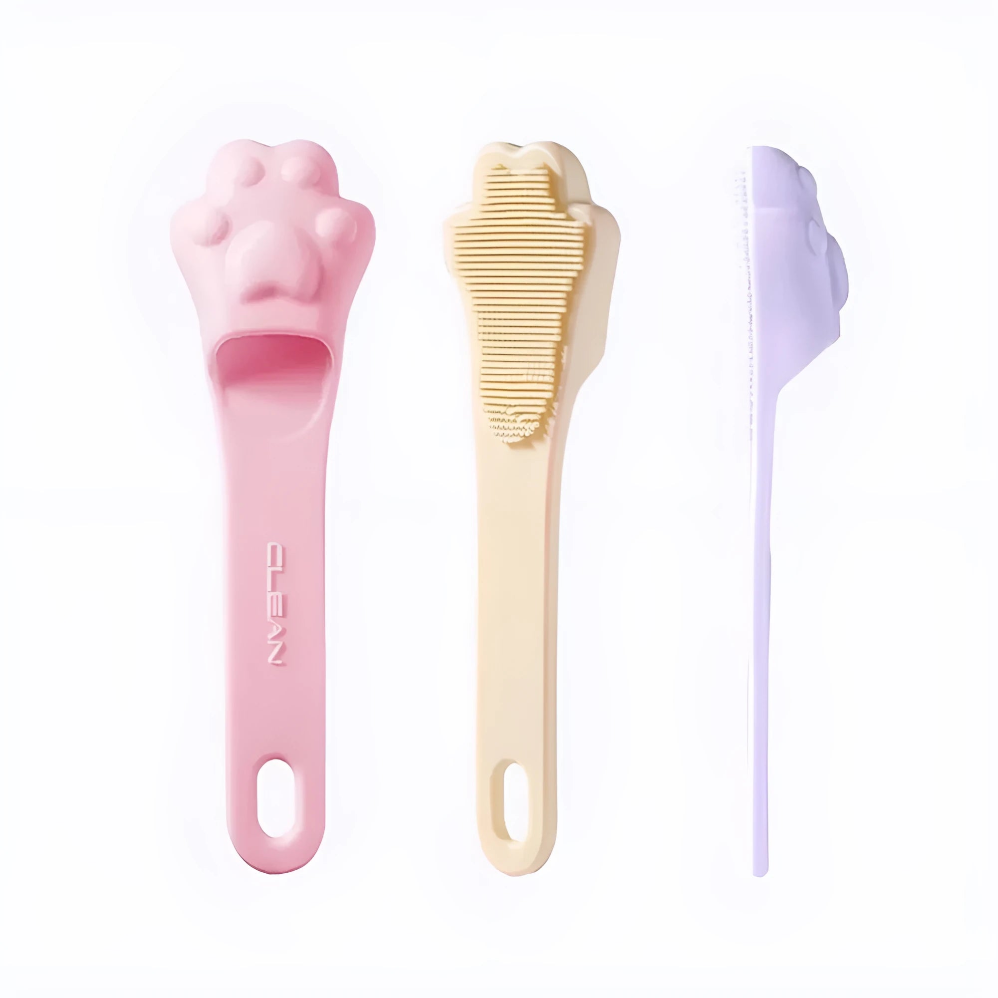 Silicone finger cover toothbrush for dogs and cats in pink, purple, yellow, and white.
