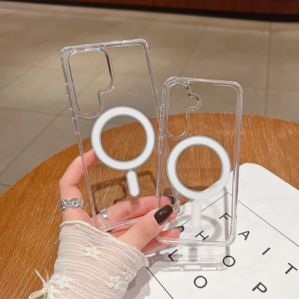 Transparent magnetic silicone phone case for Samsung Galaxy smartphones showing clear design with device inside