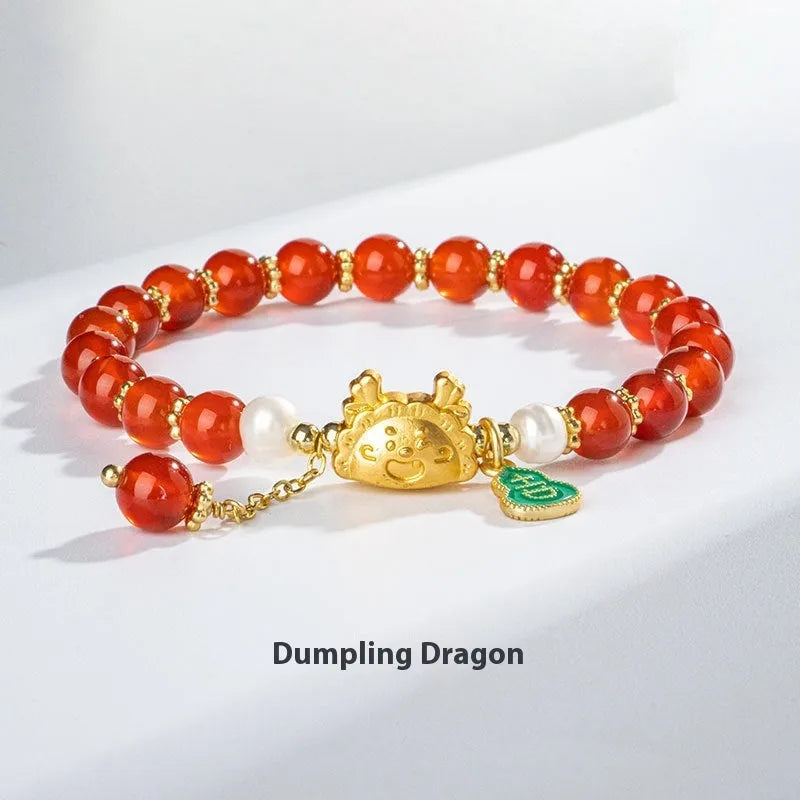 Natural agate bracelet with 8mm diamond-shaped beads featuring dragon zodiac design in five colour options.