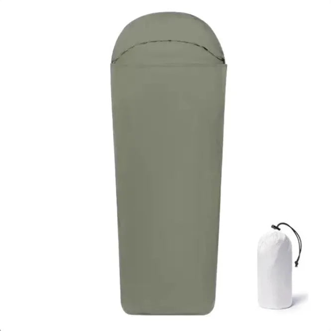Blue lightweight nylon mummy sleeping bag for adult camping, shown with dimensions 210x80x60cm.