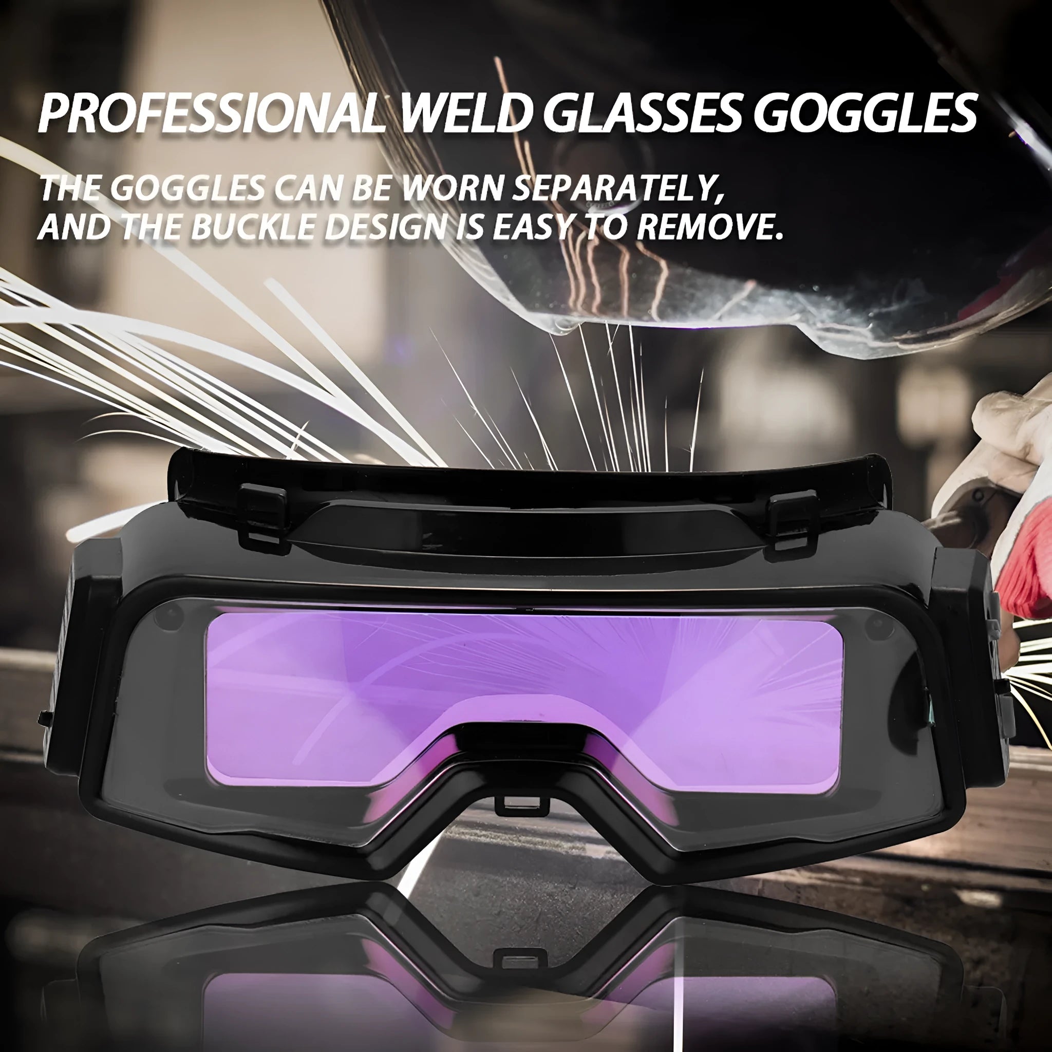Black automatic darkening welding mask glasses with a large rectangular lens on a lightweight frame.