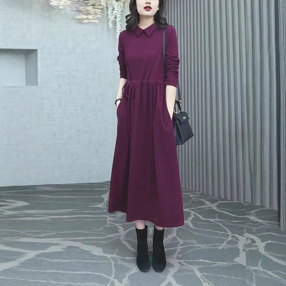 Purplish red plus size long sleeve dress with a long skirt for winter.