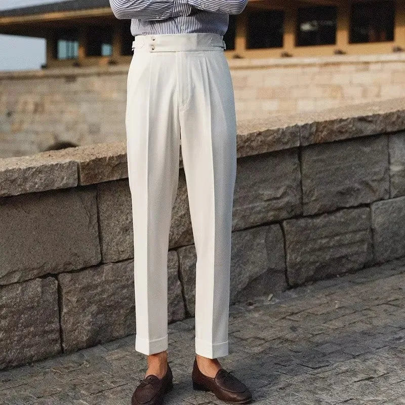 Slim fit straight-leg suit trousers in black, white, or apricot for business formal wear.
