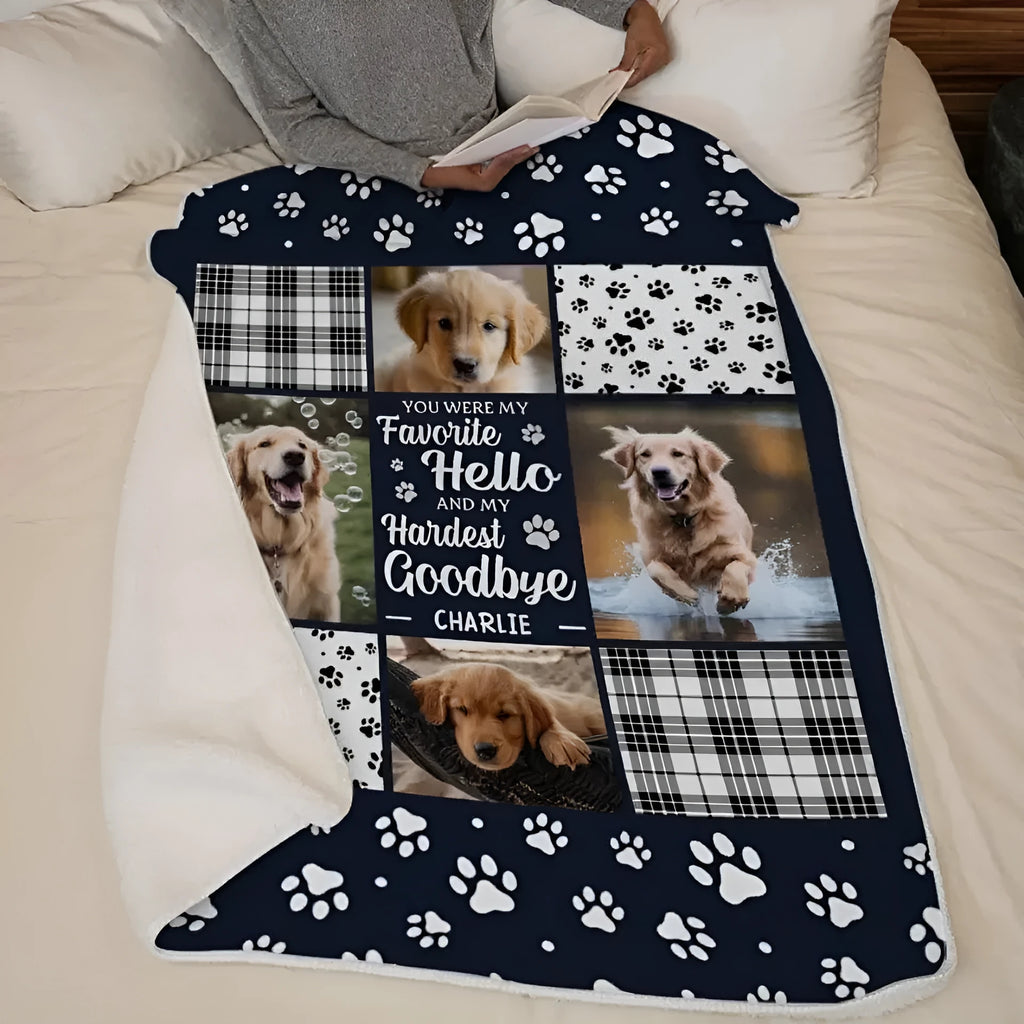 White polyester flannel pet dog blanket shown in a home setting.