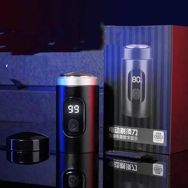 Black portable USB rechargeable shaver with LED display, shown with cleaning brush and cable.