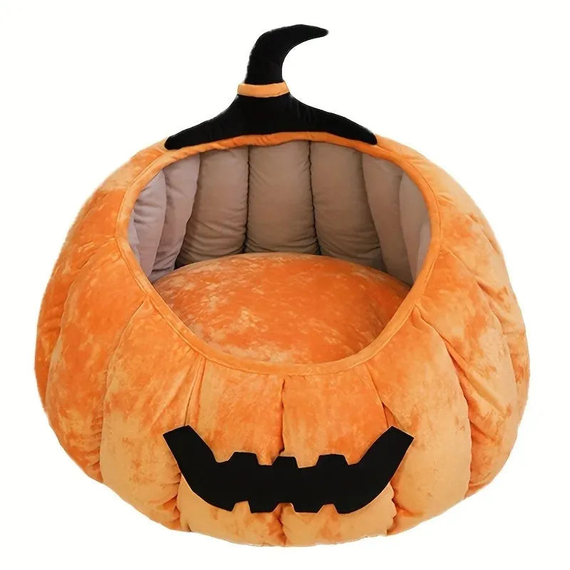 Halloween pumpkin-shaped pet bed with cartoon devil design for cats and small dogs