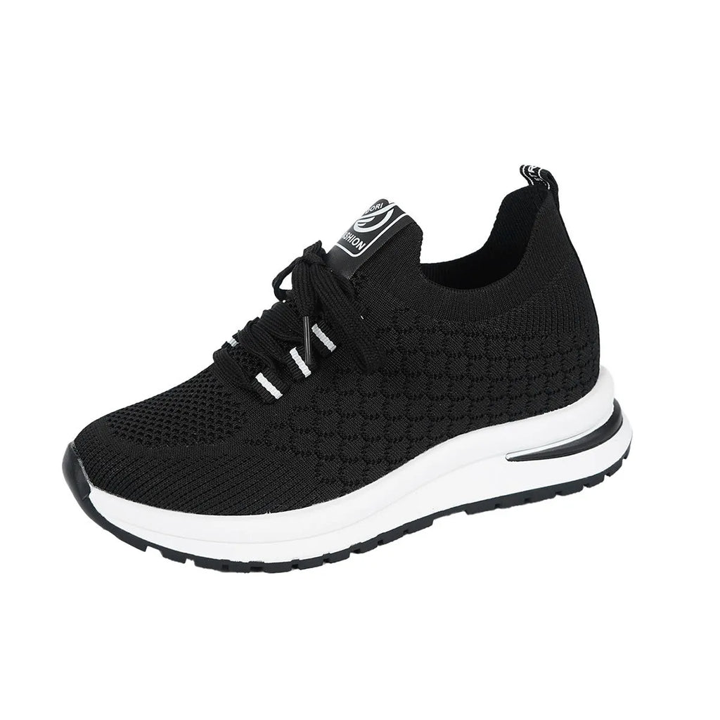 Women's plus size black mesh lace-up flat pumps with round toe and rubber sole
