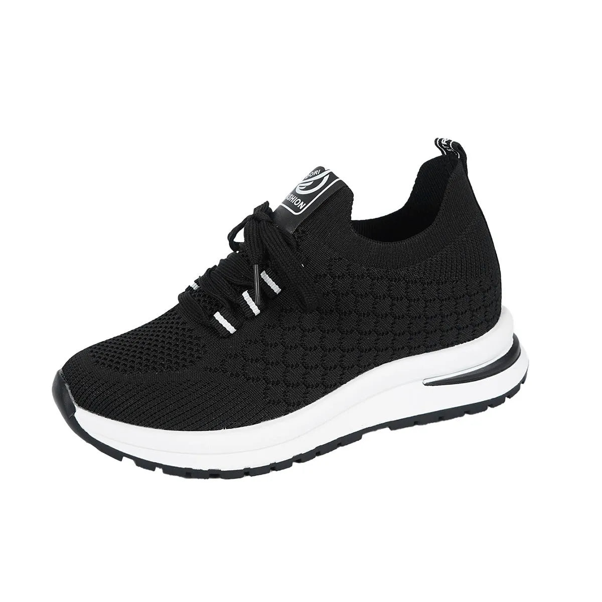 Women's plus size black mesh lace-up flat pumps with round toe and rubber sole