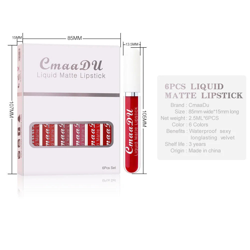 Set of six boxes containing matte finish, waterproof lip gloss tubes in styles A to F.
