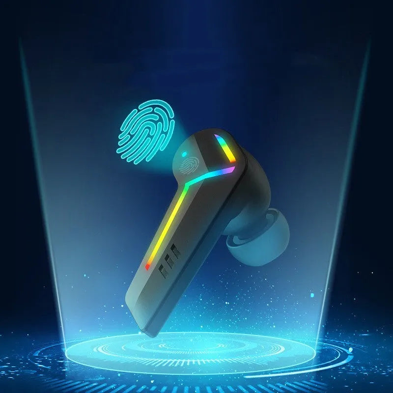 Black TWS Bluetooth in-ear headset with low latency for gaming and sport.