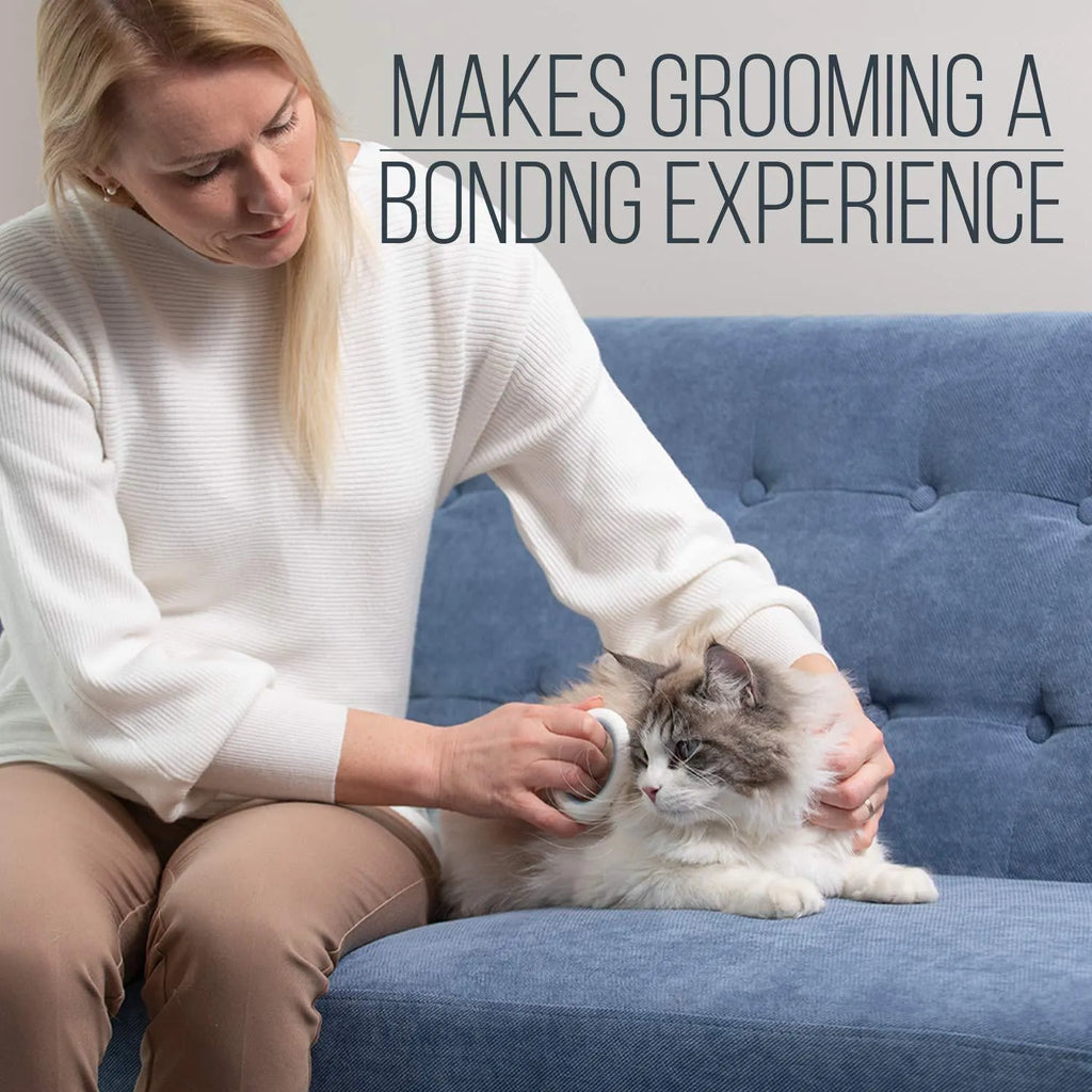 Blue plastic pet grooming comb for deshedding cats and dogs on a white background.