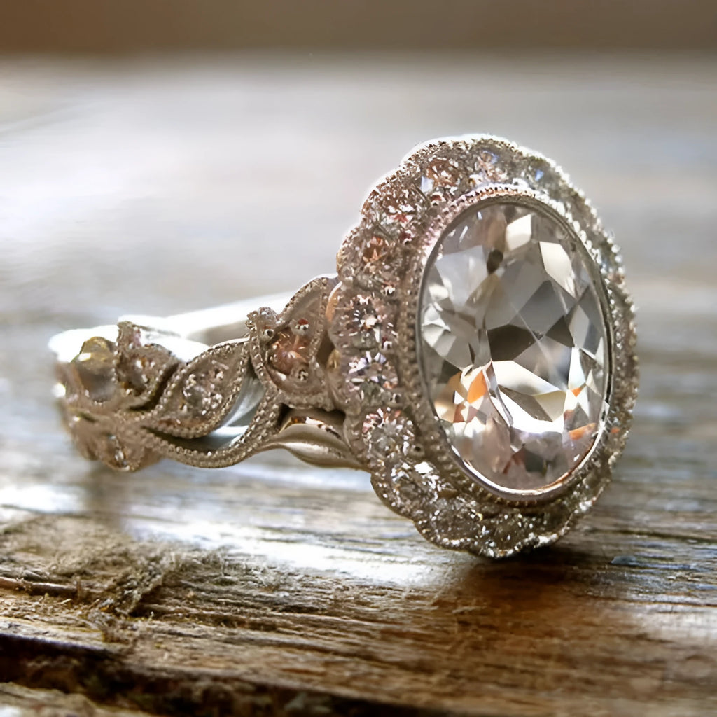 Women's white gold colour round zircon ring with geometric shape and diamond copper plating