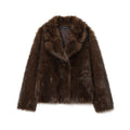 Women's double-sided artificial fur jacket coat in brown with faux fur collar, long sleeves, regular length.
