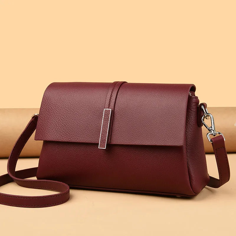 Women's cowhide tote bag in genuine leather, 24x15x9 cm, soft shoulder messenger bag with double straps, black gray wine red.