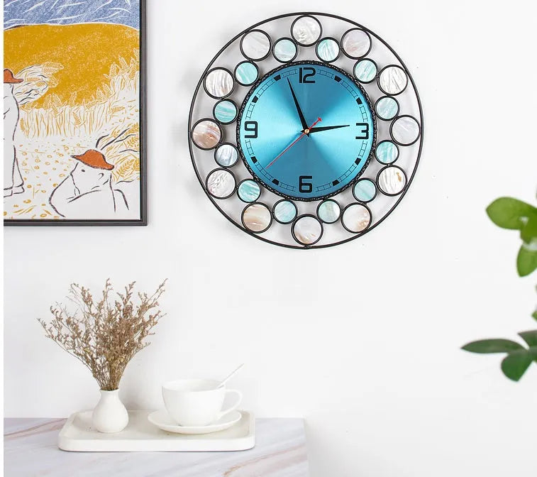 Real shell Nordic minimalist wall clock 39cm round with metal frame and silent sweep movement