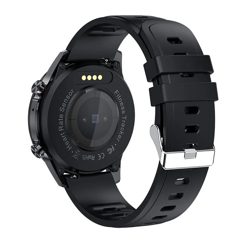 Bluetooth smartwatch with alloy case on wrist, showing time and heart rate on its 1.3-inch screen.