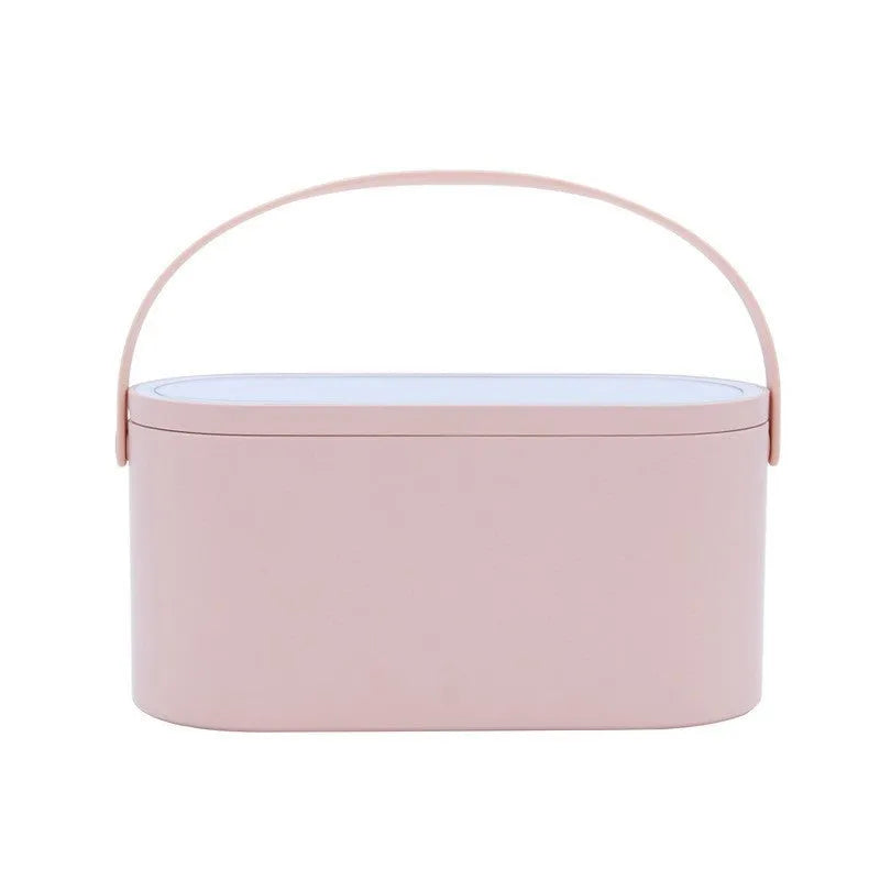 Pink portable plastic storage box with a built-in aluminium makeup mirror