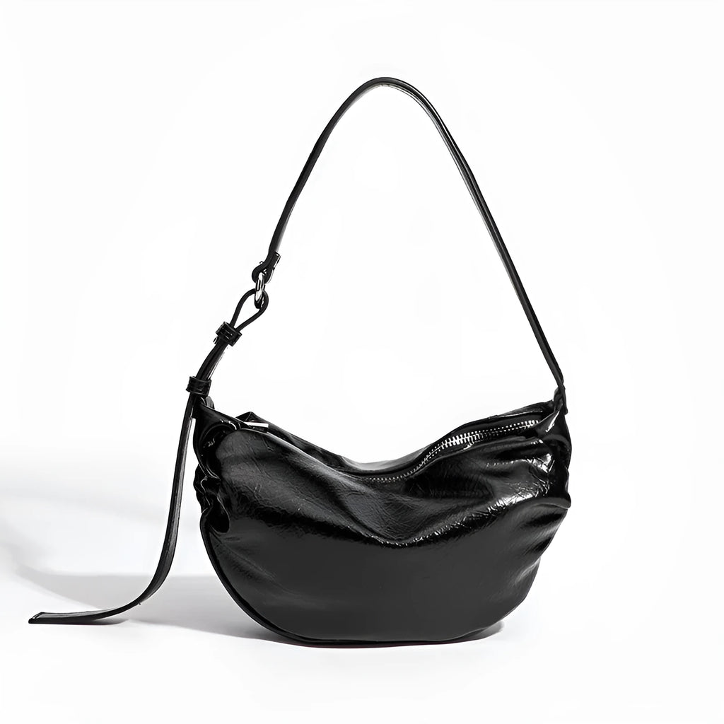 Black PU pleated shoulder bag rock-and-roll style with dumpling shape and outer pocket
