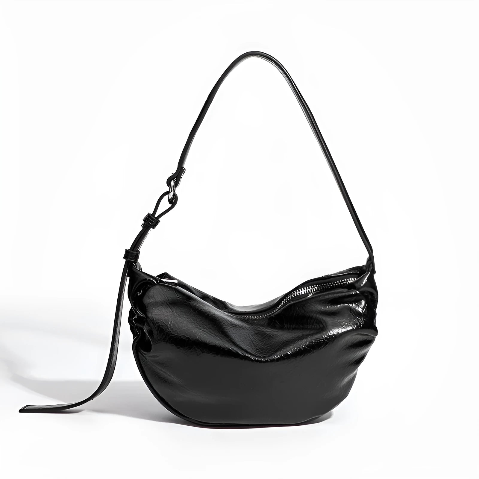 Black PU pleated shoulder bag rock-and-roll style with dumpling shape and outer pocket