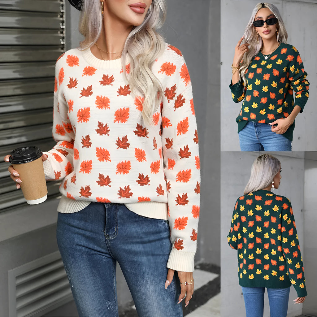 Maple leaf design Christmas sweater in beige or dark green with loose fit and round neck