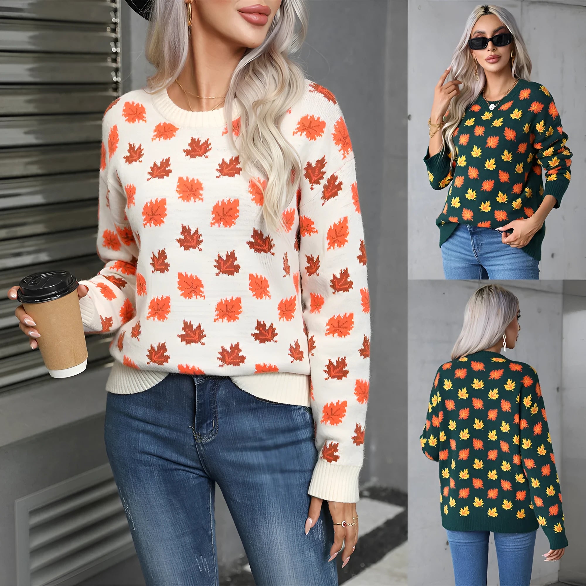 Maple leaf design Christmas sweater in beige or dark green with loose fit and round neck