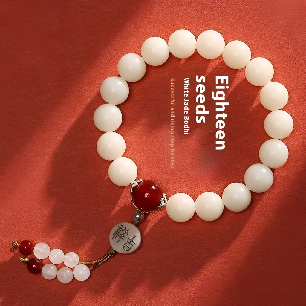 Handcrafted white jade Bodhi couple bracelet with 10mm beads and Ruyi element