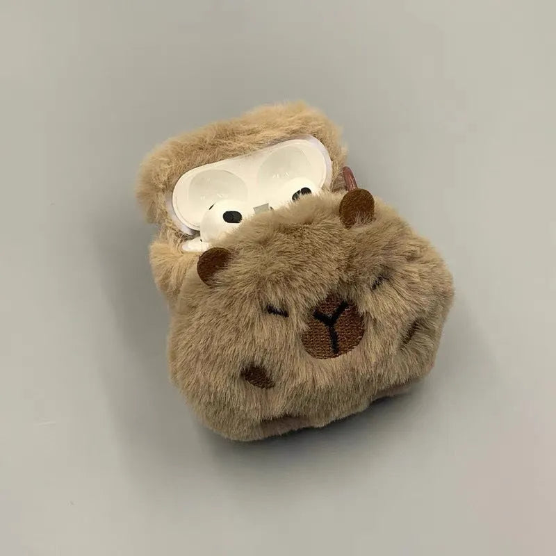 Three-dimensional plush brown capybara earphone sleeve for Apple AirPods with embossed TPU cover