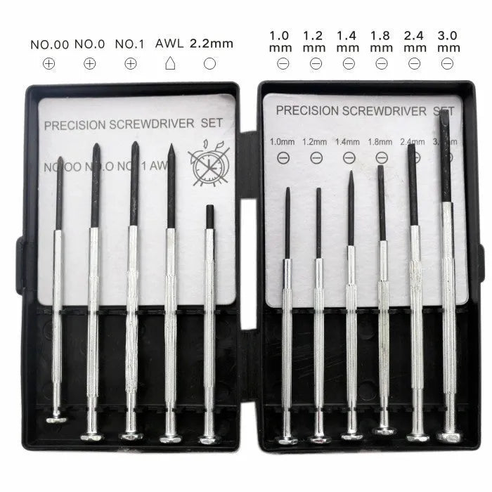 TH-6177 11-piece clock repair screwdriver set with cross and flat head bits on a white background.
