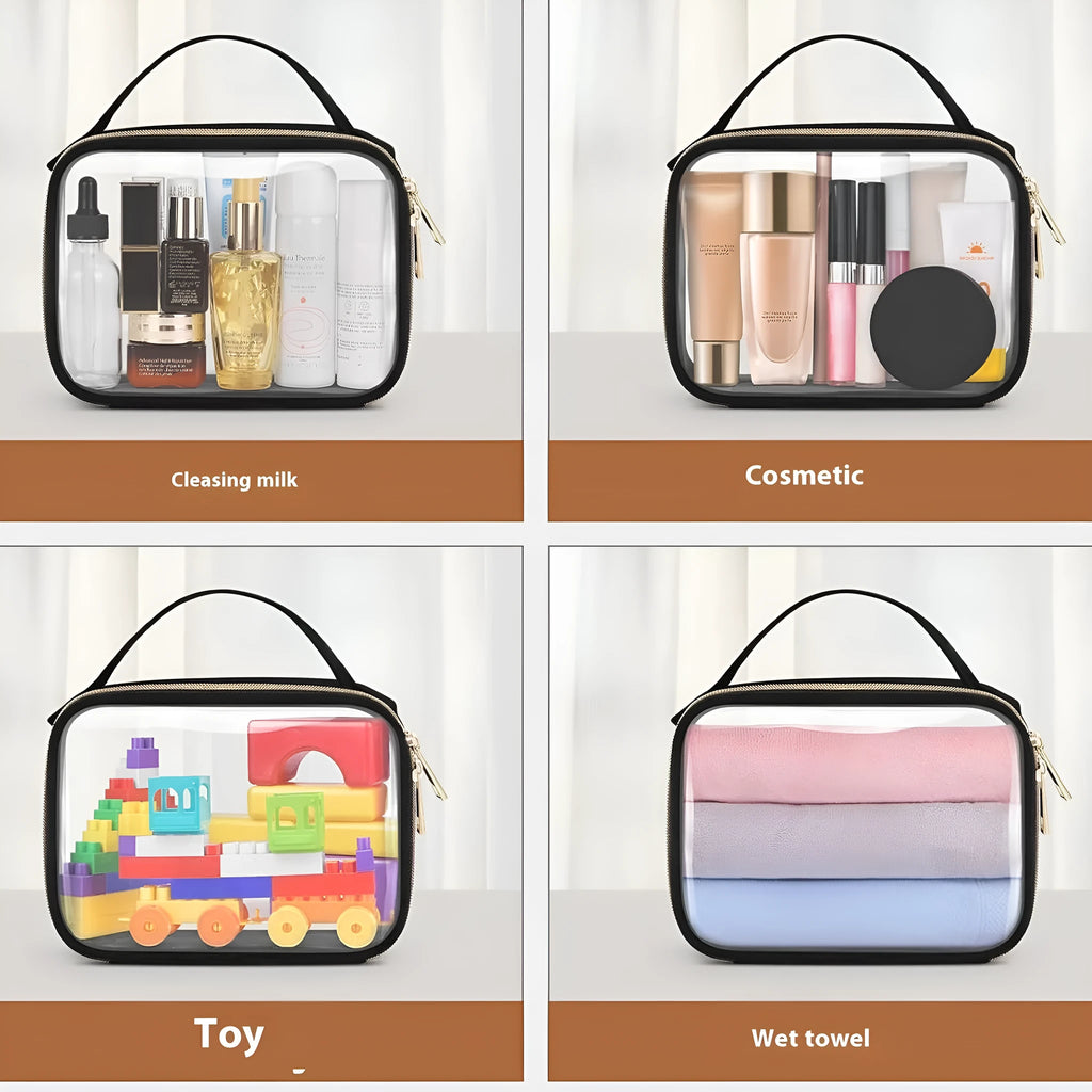 Transparent PVC lipstick wash bag measuring 7.85 inches with chain decoration in multiple colour options