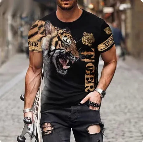 Men's black T-shirt with a raised 3D printed graphic of a fierce lion's face on the front.