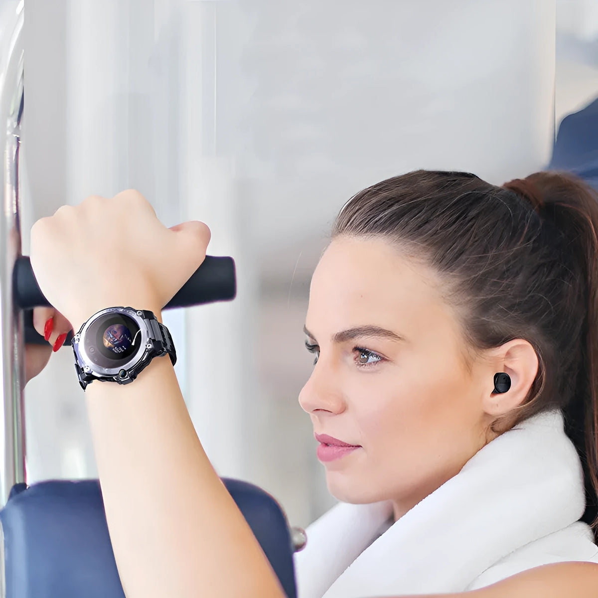 Black smart watch with round 1.6 inch screen and silicone strap, showing heart rate and blood pressure monitoring functions.