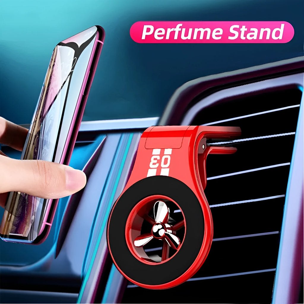 Black magnetic car phone holder mounted on vehicle air vent with smartphone attached
